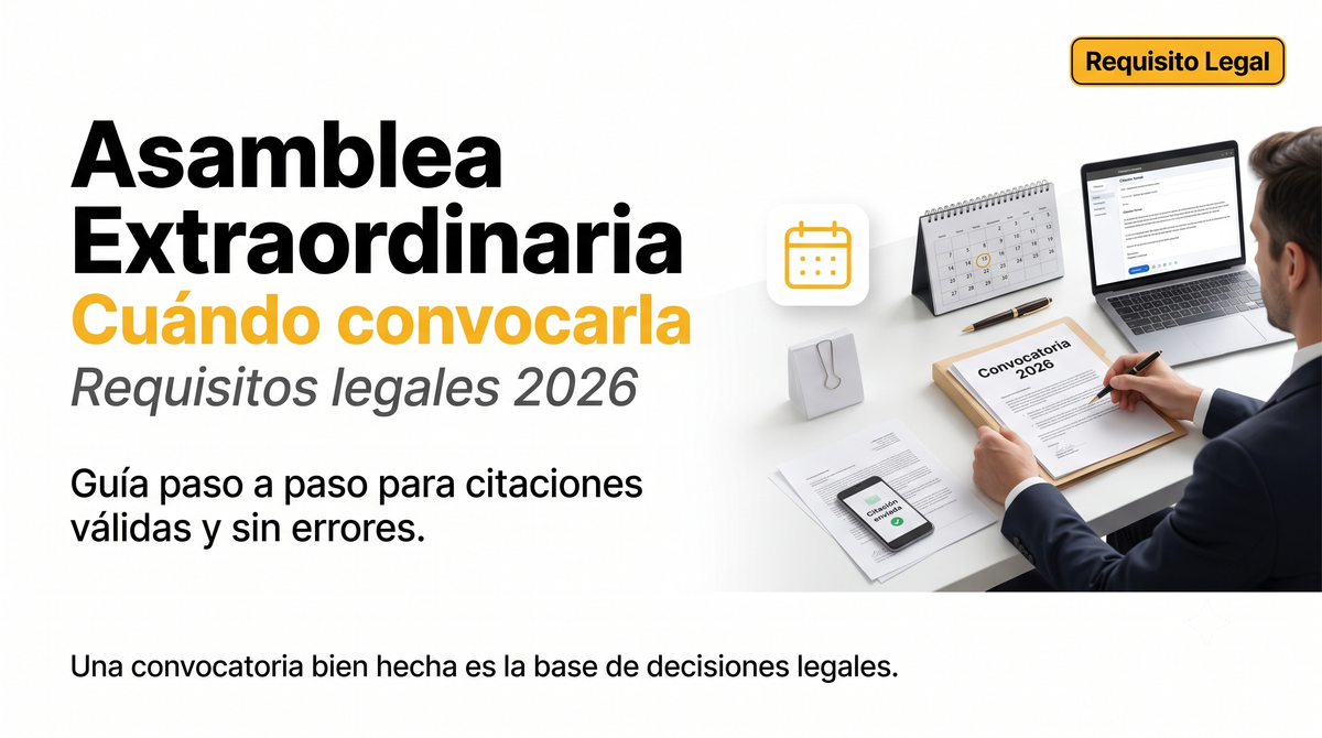 Portada sobre requisitos legales y convocatoria de Asamblea Extraordinaria en propiedad horizontal.