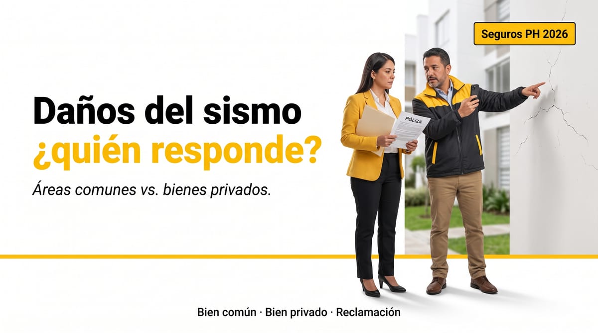 Administradora y ajustador de seguros revisando fisuras en la fachada de un edificio residencial tras el sismo