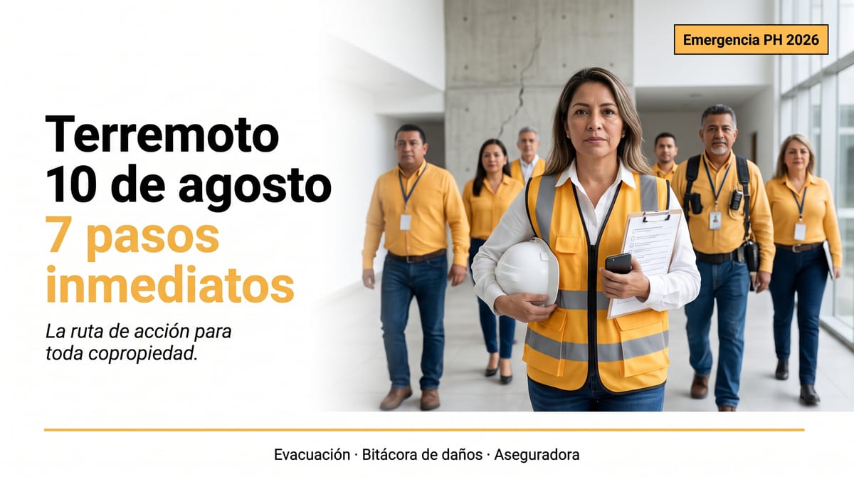 Administrador con casco y chaleco inspeccionando el lobby de un edificio residencial tras el sismo del 10 de agosto de 2026