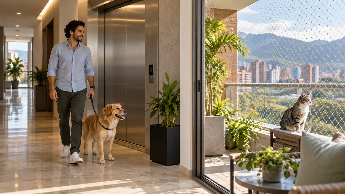 Perro en ascensor y gato protegido con malla en una copropiedad