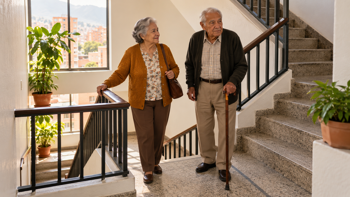 Escena conceptual generada con IA: una pareja mayor hace una pausa en el descanso de una escalera de un edificio residencial sin ascensor.