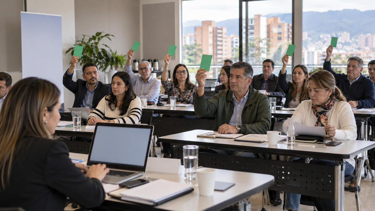 Copropietarios votan durante una asamblea con registro organizado y sin exposición de datos financieros
