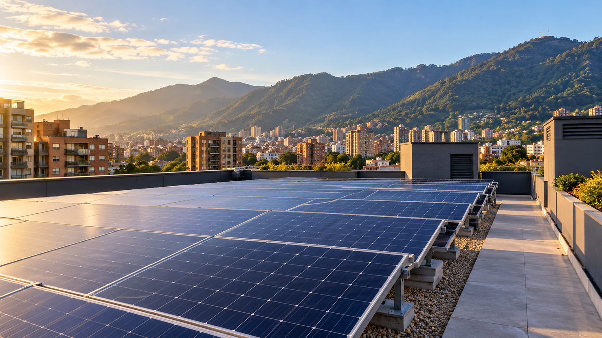 Paneles solares sobre una cubierta residencial, con edificios y montañas al fondo. Escena conceptual generada con IA.