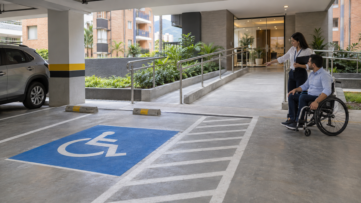 Celda de parqueadero accesible y ruta con rampa en una copropiedad colombiana