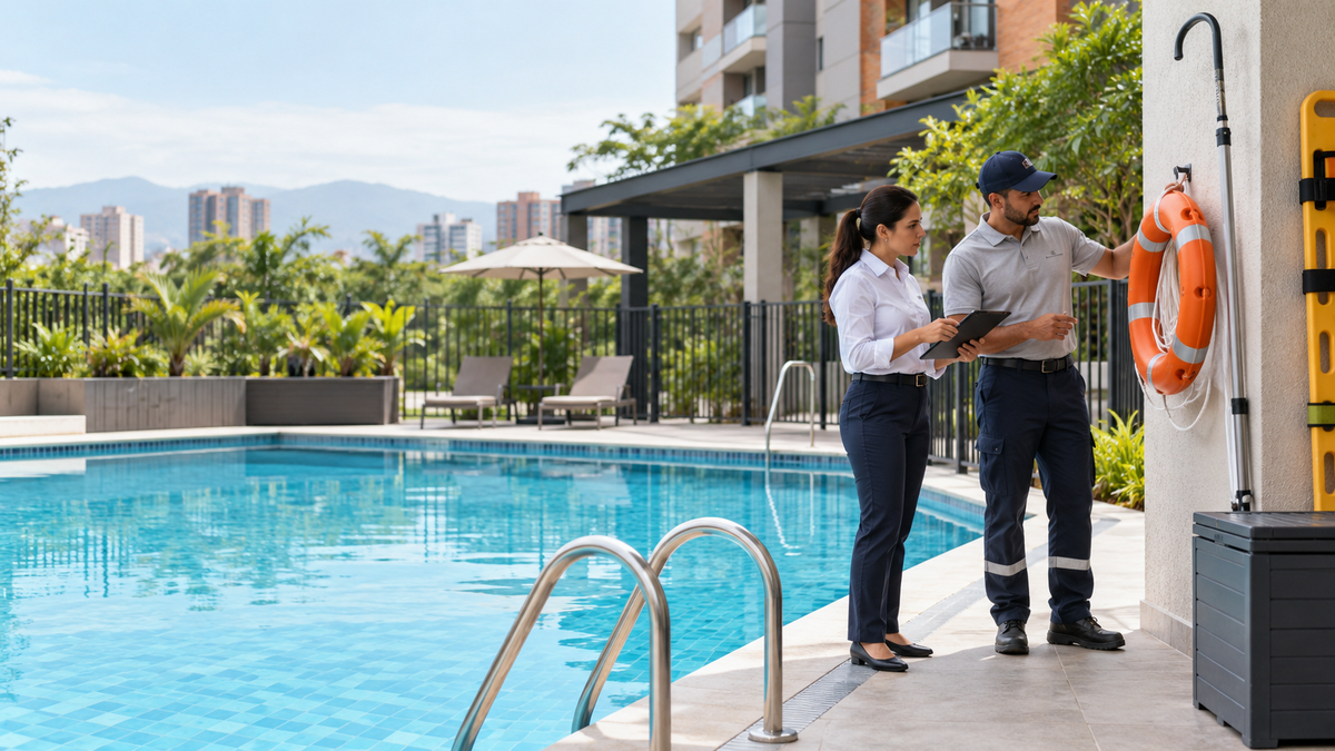 Administradora y profesional inspeccionando la seguridad de una piscina residencial