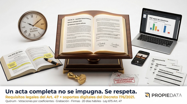 Acta de asamblea de propiedad horizontal con requisitos legales del artículo 47 de la Ley 675