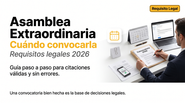 Portada sobre requisitos legales y convocatoria de Asamblea Extraordinaria en propiedad horizontal.