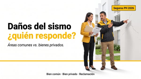 Administradora y ajustador de seguros revisando fisuras en la fachada de un edificio residencial tras el sismo