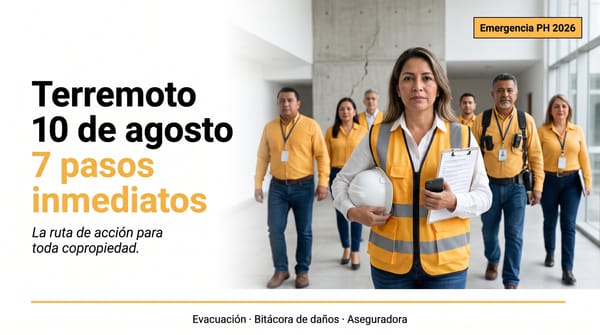 Administrador con casco y chaleco inspeccionando el lobby de un edificio residencial tras el sismo del 10 de agosto de 2026