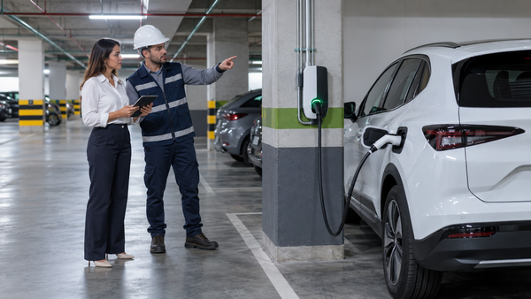 Administradora y técnico revisan un cargador de vehículo eléctrico en el parqueadero de un conjunto residencial