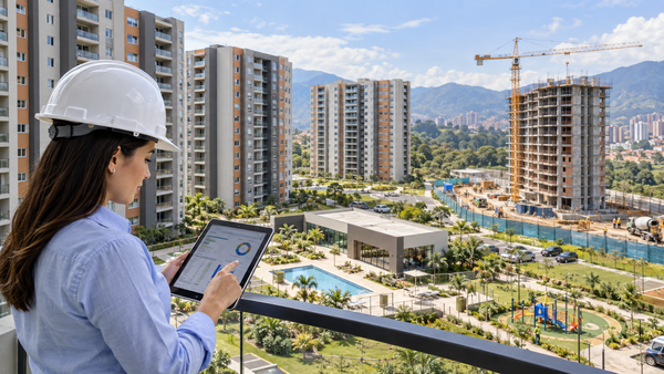 Administradora revisa el presupuesto de un conjunto residencial con torres terminadas y una nueva etapa en construcción