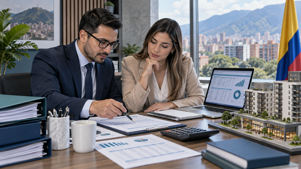 Escena conceptual generada con IA: contador y administradora revisan documentos de una copropiedad; no son clientes reales.