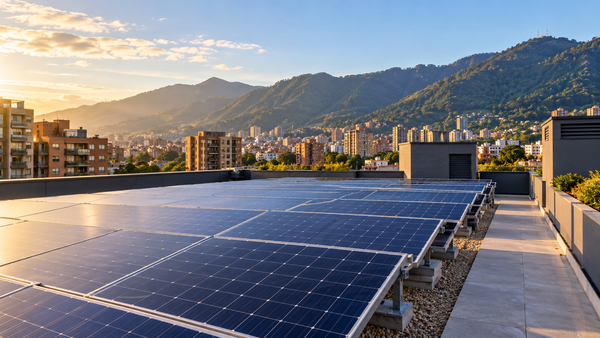 Paneles solares sobre una cubierta residencial, con edificios y montañas al fondo. Escena conceptual generada con IA.