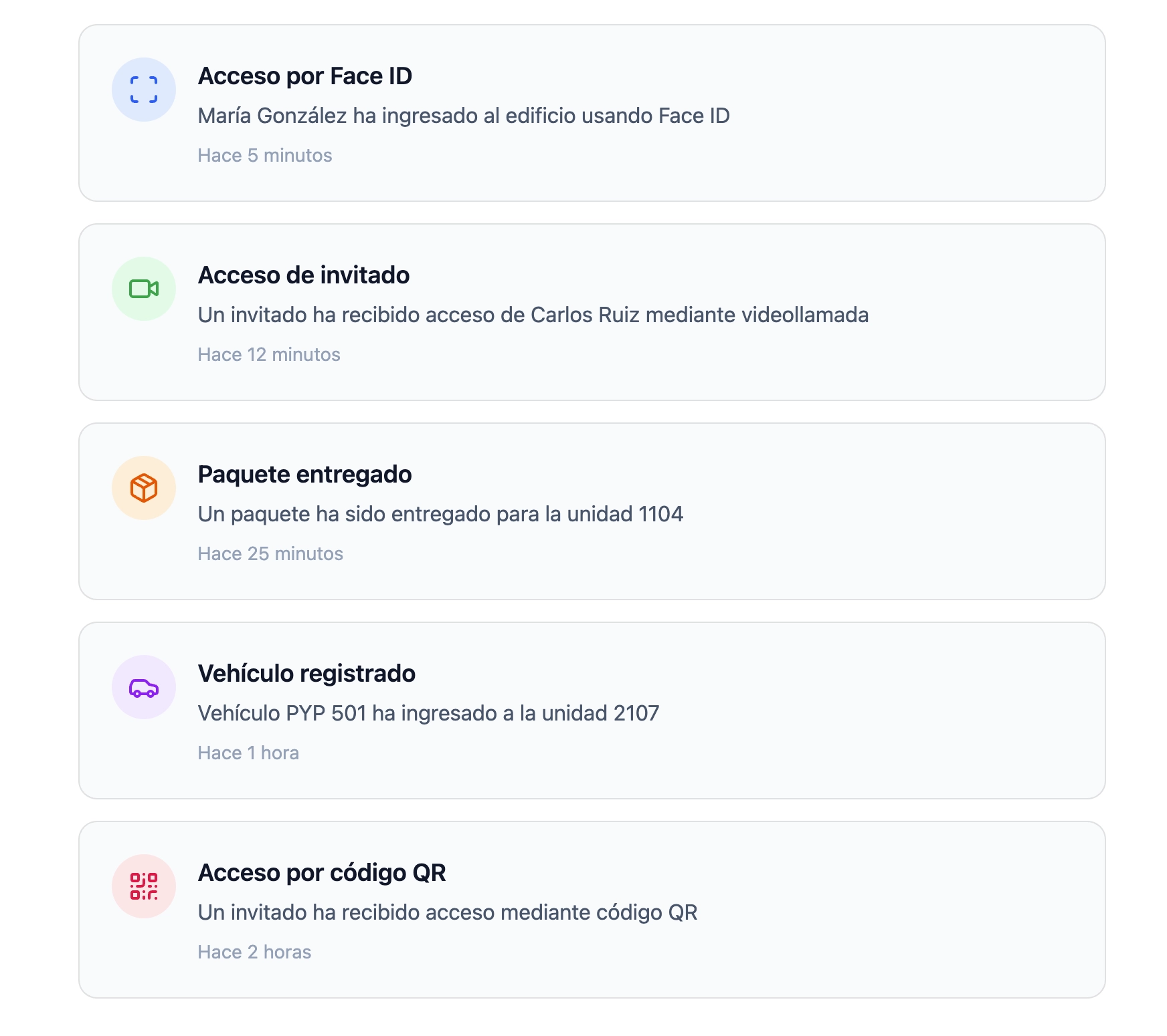 Panel de control de acceso con registros de reconocimiento facial, visitantes, vehículos y códigos QR